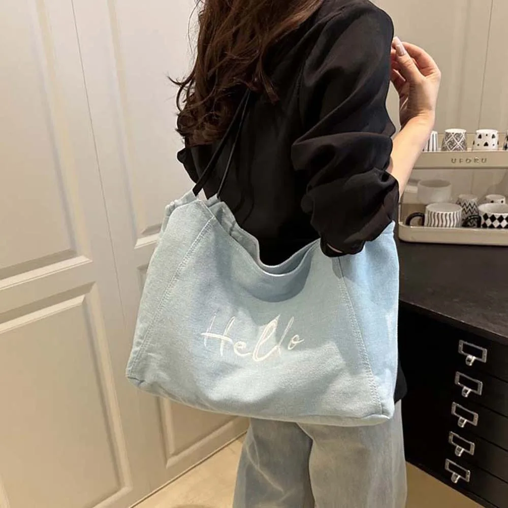 

Portable Denim Blue Tote Bag Letter Embroidery Korean Style Commuting Shoulder Pouch Magnetic Button Vintage