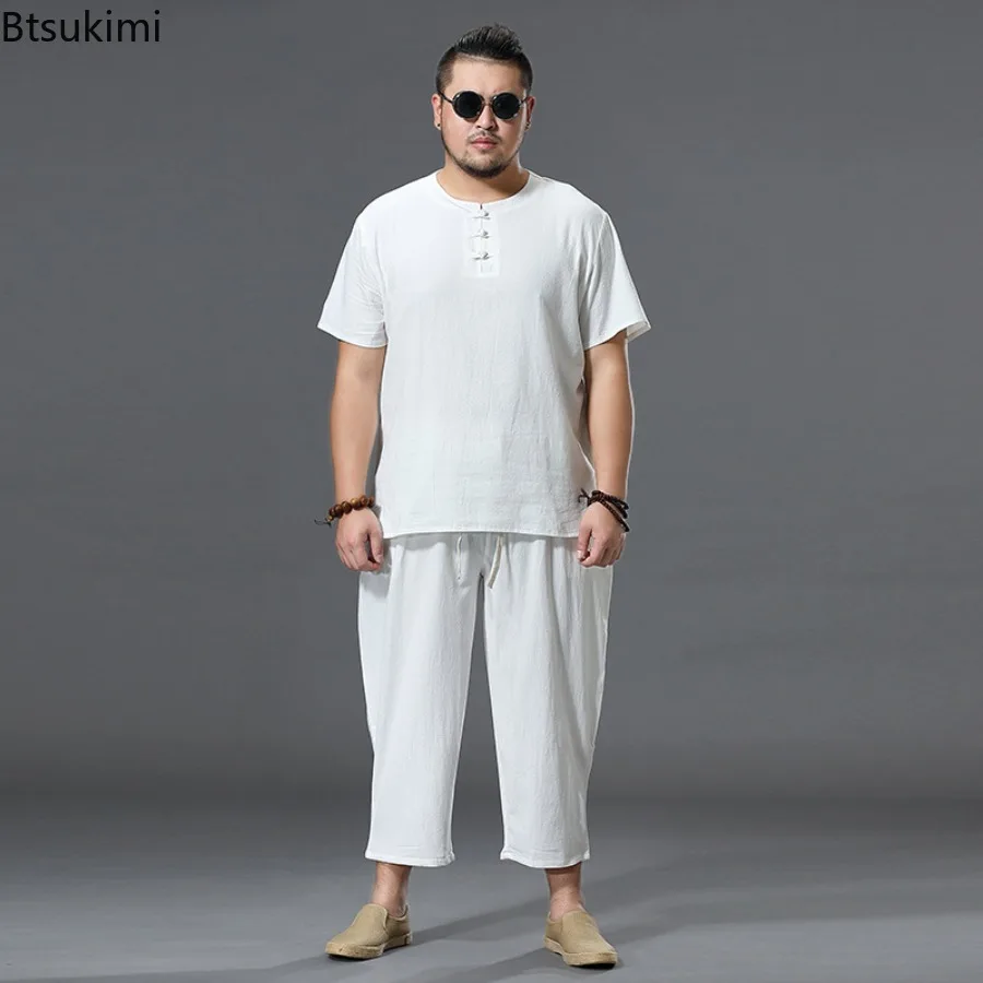 Summer Linen Set Men's Casual Short Sleeved T-shirt Nine Cents Pants Two-piece Set for Men Cotton Linen Loose Solid Color Set