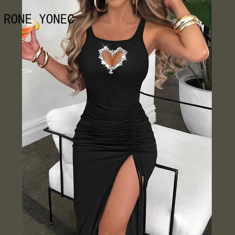 Kobiety jednolita seksowna grube ramiączka Bodycon Maxi Sexy Rhinestone dekoracje serca sukienki