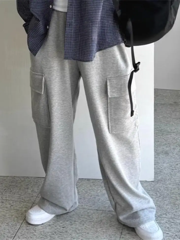 

ey Wide Leg Men's Sports Pants Loose Fit Straight Tube Long Trousers with kets Muscle Men's Casual Sweatpants