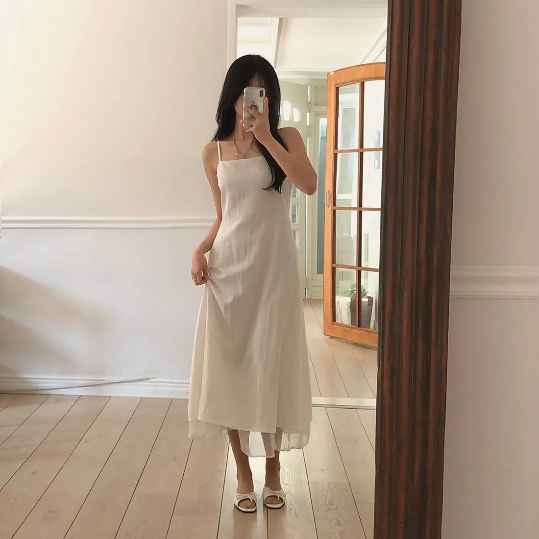 Sweet Chic Summer New A-Line Dr Women's Strapl White Long Dr Korean Sle ملابس غير رسمية للتصوير الفوتوغرافي في شارع المدرسة...