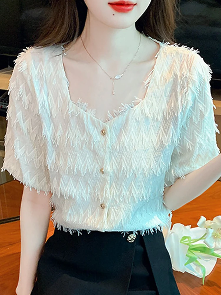 

Fashion Summer Apricot Chiffon Blouse Shirt Women Tops Blouses Blusas Mujer De Moda 2024 Verano Short Sleeve Blouse Women G602