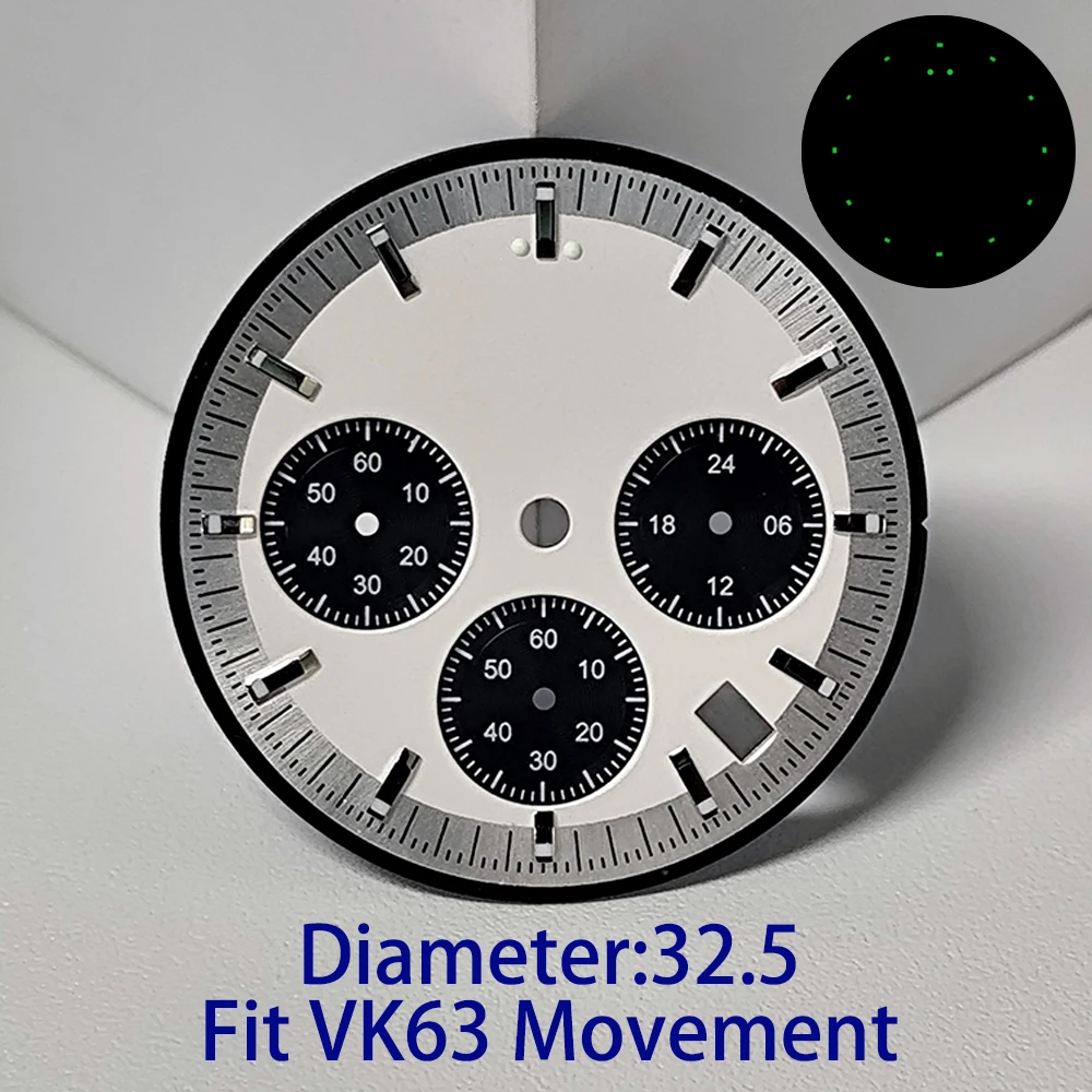 32,5 mm Durchmesser, hochwertiges Uhrenzifferblatt, grün leuchtend, passend für VK63 Uhrwerk, Zubehör, Uhrenteile für Armbanduhren, steriles Zifferblatt – Detail 2