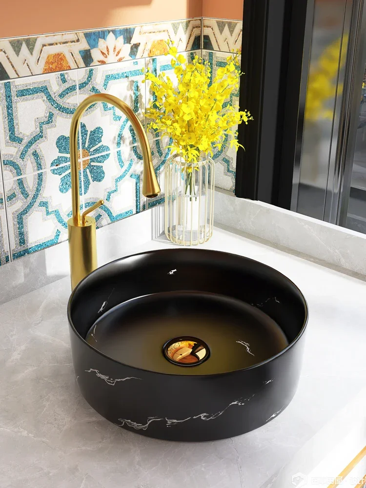 On-stage basin, wash basin, household balcony, bathroom, small size ceramic jazz black round face basin