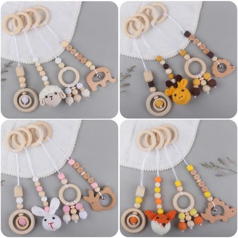 

A5YC Baby Beech Hanging Pendants 4pcs/set Knitting for Doll Ring Teether Teething Nursing Rattle Toy for Stroller Gym Newborn