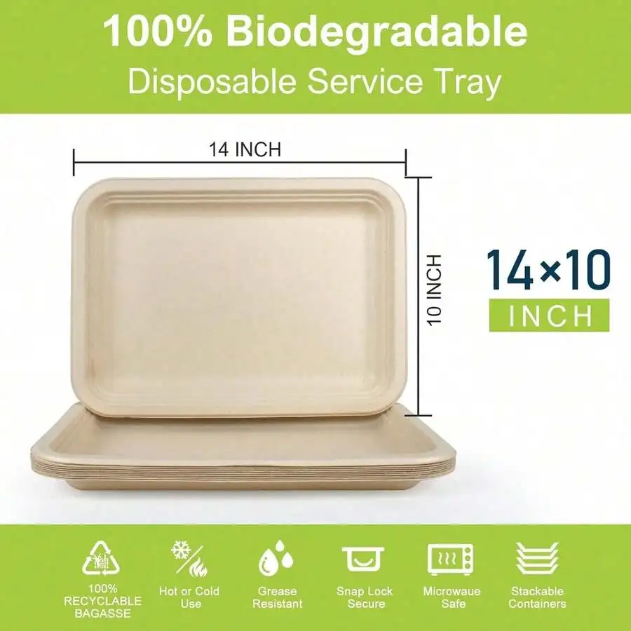 Disposable Paper Plates, 30 Pack Bagasse Trays, 14 Inch , Soak-Proof, Cut Resistant(XM912)