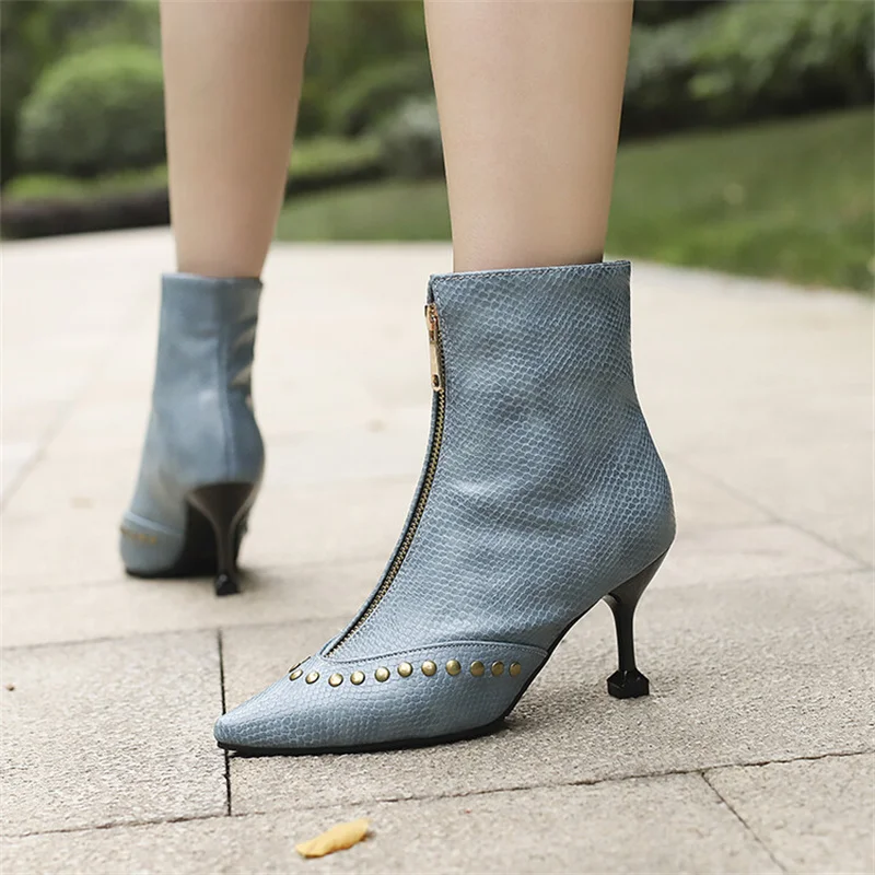 

2023 Autumn Winter Rivet Front Zipper Short Boots Size34-48 Women Short Plush Western Denim Knight Ankle Boots 7.5cm High Heels