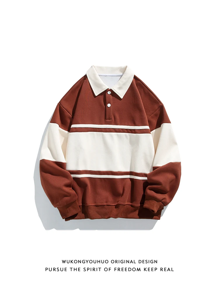 

Winter Retro Contrasting Color Splicing Long-sleeved POLO Shirt Men's Trendy Brand Loose Couple Casual Versatile Top