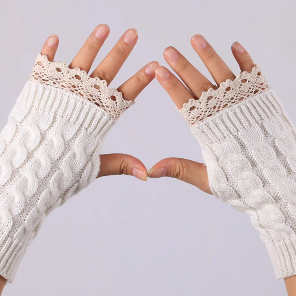 

Warm Knitted Arm Sleeves Women Winter Fingerless Gloves Soft Long Arm Warmers Crochet Lace Mittens White