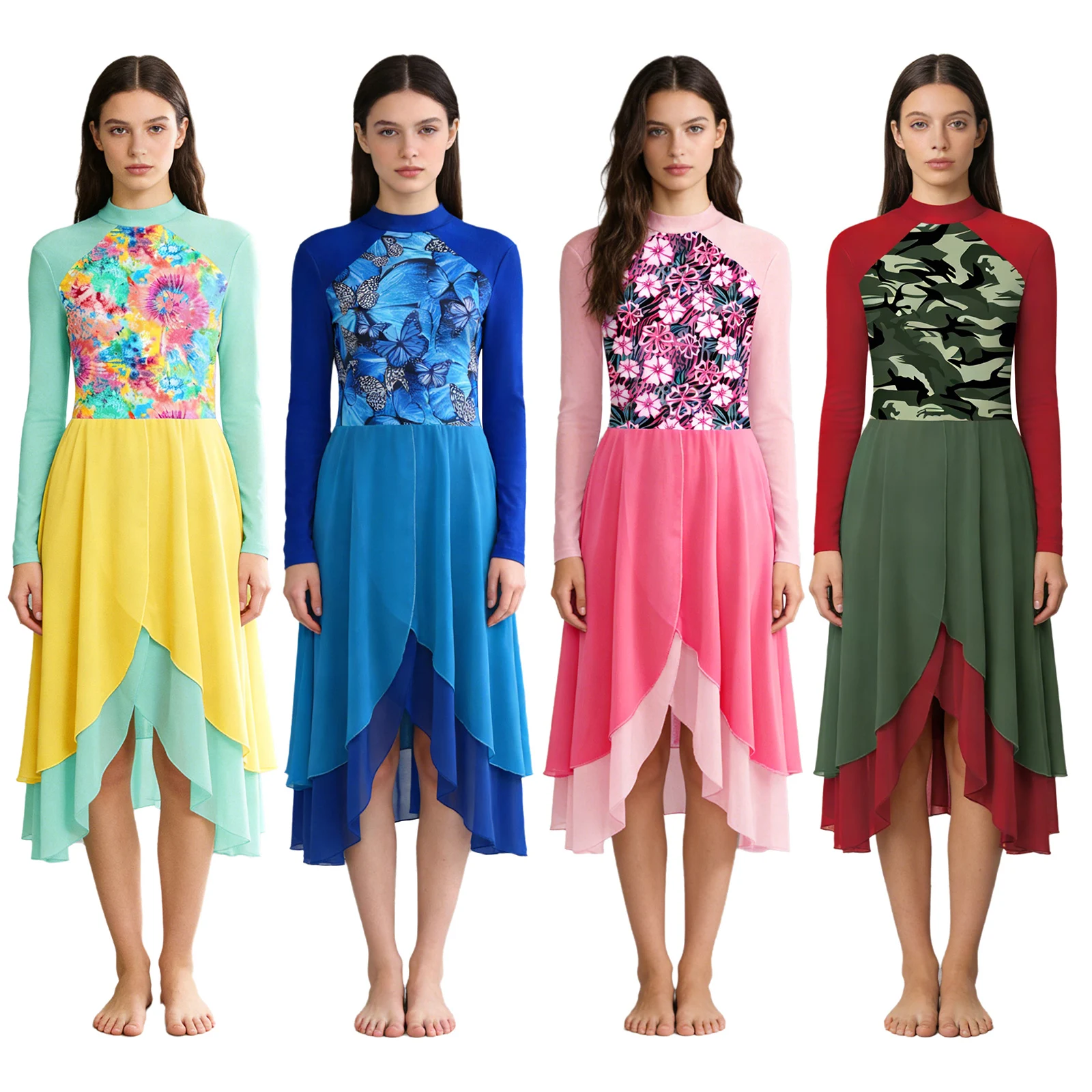 

Женские платья для церковного хора и льрического танца: длинный рукав, цветные блоки, многоярусный шифон, современный дизайн