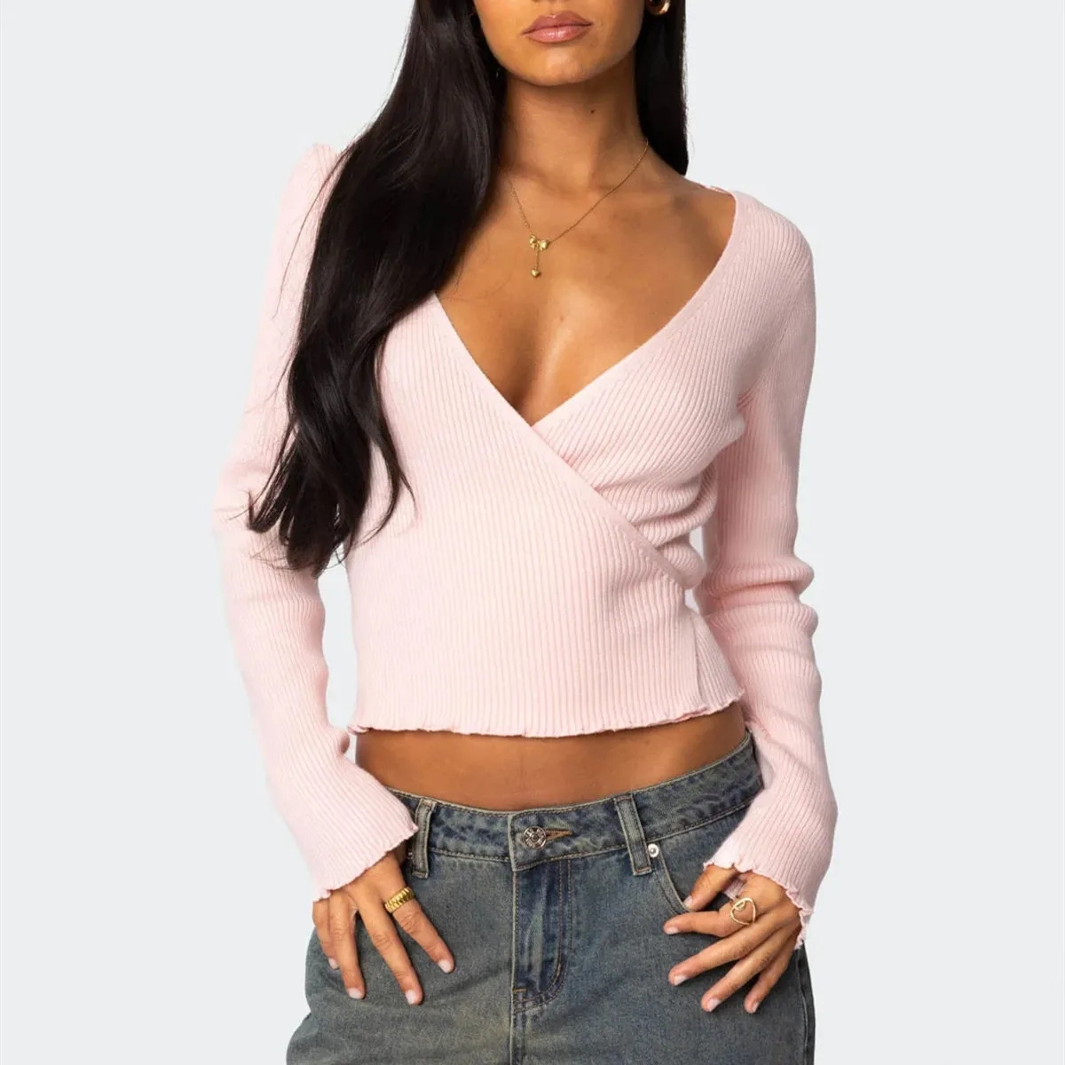 

hirigin Ballet Wrap Sweaters for Women Long Sleeve V Neck Lightweight Pullover Y2k Tie Back Loose Ribbed Knit Shirts Winter Fall