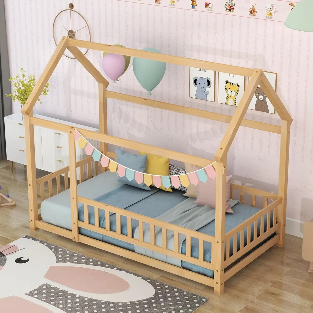 Kids Bed, Twin Size House Frame Wooden Floor Bed with Fence for Kids, Natural Kids Bed