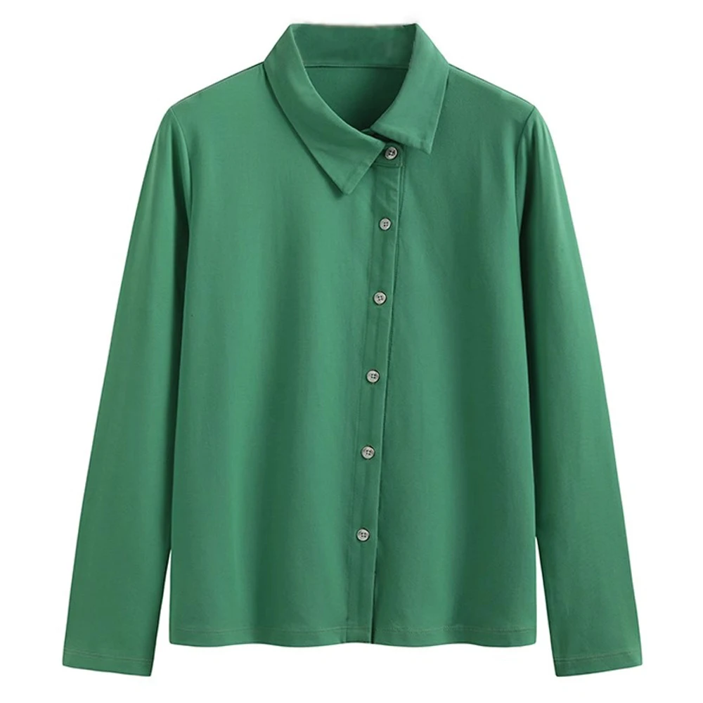 Women's autumn asymmetrical slanted button long sleeved women's T-shirt with a collar pure cotton slim fit cardigan as the shirt