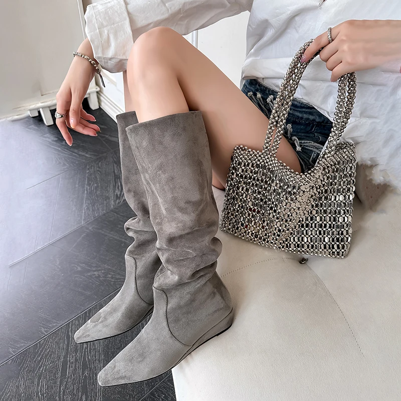 

Nubuck Leather Square Toe Women's Mid-calf Boots Wedge Heels Slip-on Ladies Fashion Boots 2024 Autumn Winter New Female Shoes