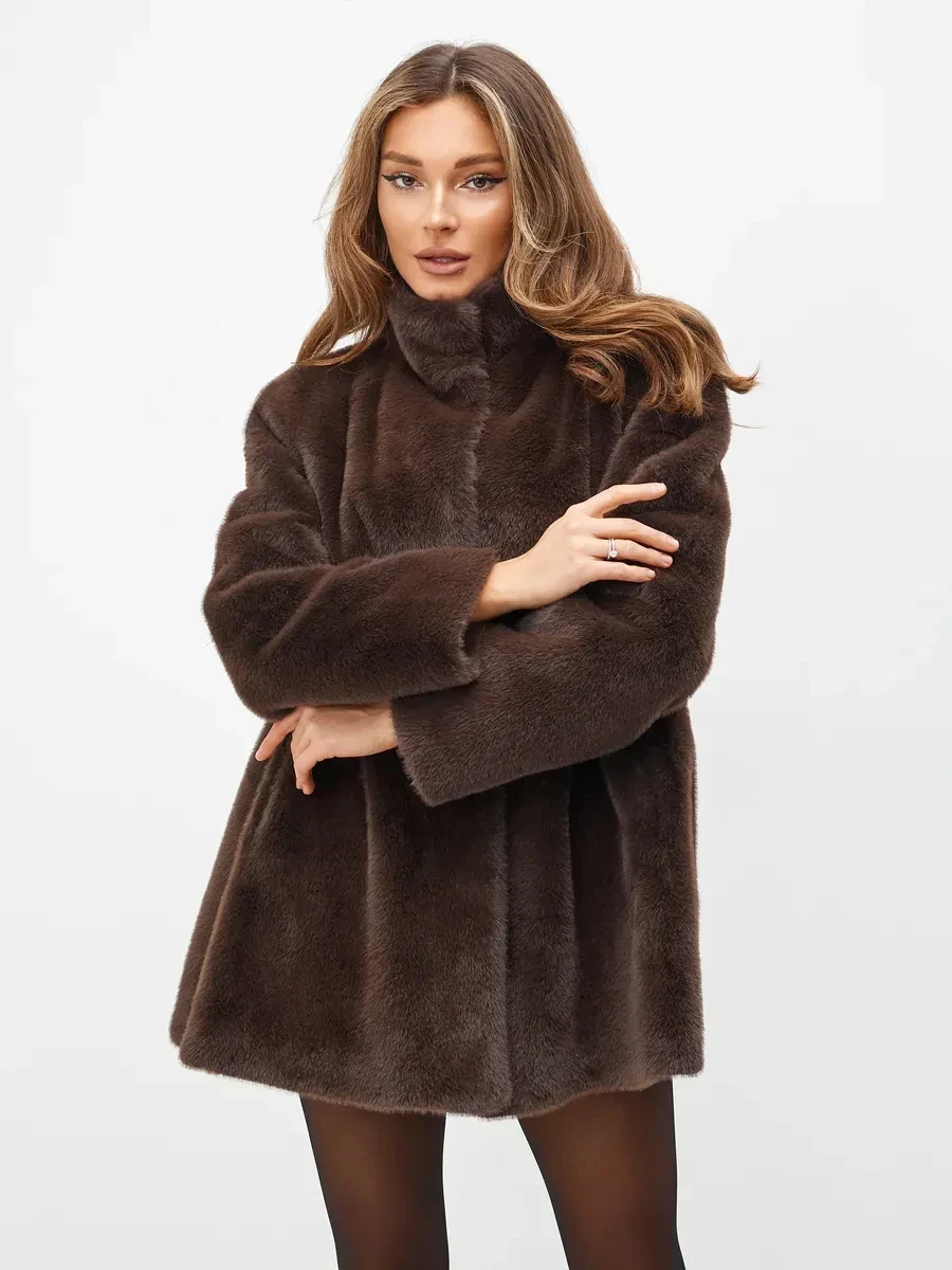 2026 Autumn Winter Women Faux Mink Fur Coat High Stand Collar Hidden Snap A Line Mid Length Jacket