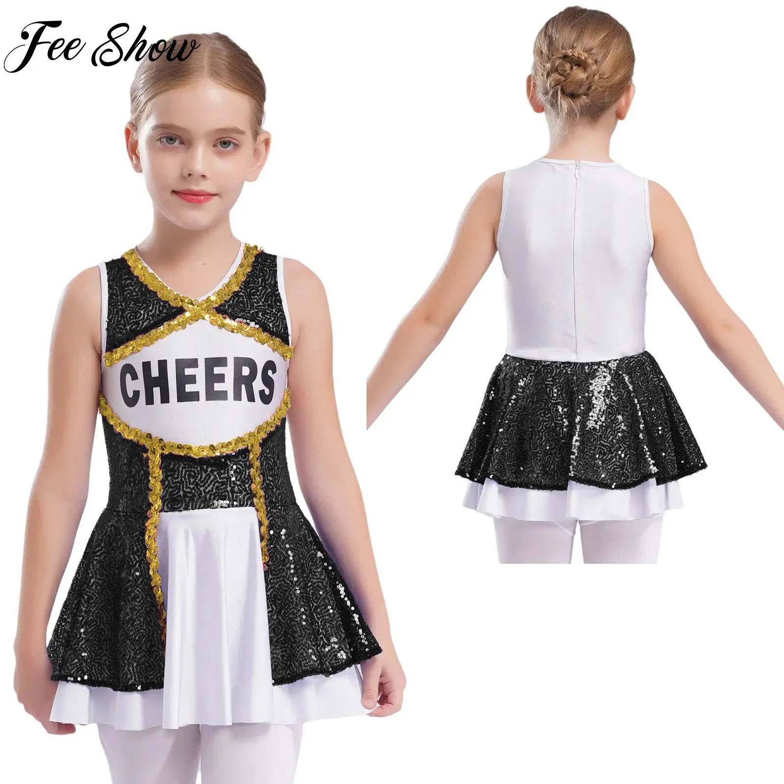 

Kids Girls Cheer Dance Costume Teens Shiny Sequins Dress Cheerleading Uniforms for Halloween Party High School Stage Performance