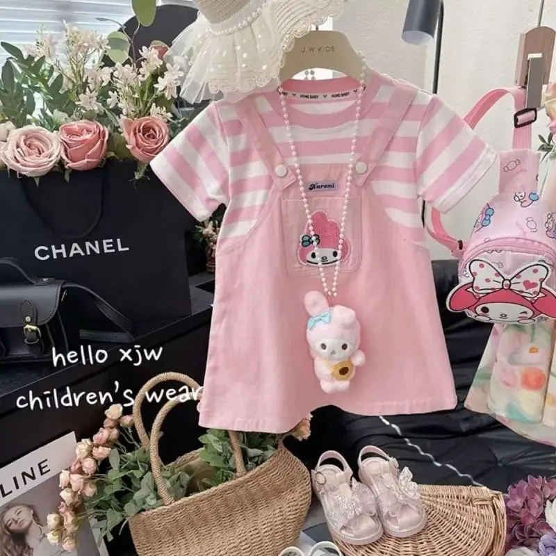 

Комплект с юбкой на бретельках My Melody для девочек, летняя одежда Sanrio, футболка с коротким рукавом из хлопка с мультяшными персонажами Kawaii Anime Figure