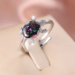 Rainbow Fire Opal Sea Turtle Ring Multicolor Zircon Oval Stone Open Adjustable Ring Classic Silver Color Wedding Rings For Women