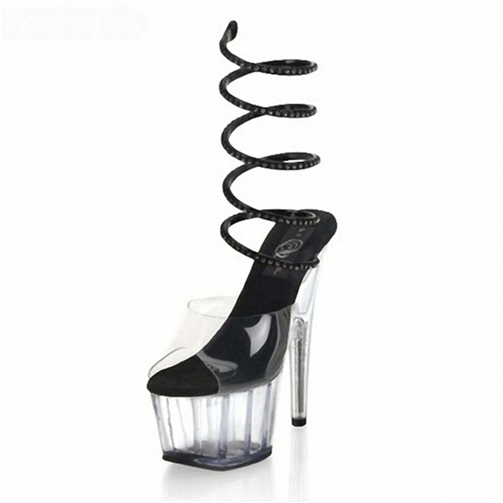 ​15CM Crystal Heel Sandals Black, Transparent Stiletto Platform Pumps with Rhinestone Spiral Strap & Suede Accent, Avant-Garde