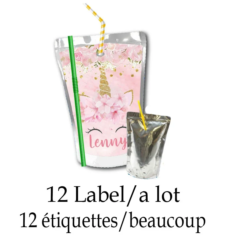 Unicorn Face Floral Juice Pouch Custom Sticker Water Bottle Labels Candy Chips Bag Gift Box Tag Birthday Wedding Festival Party