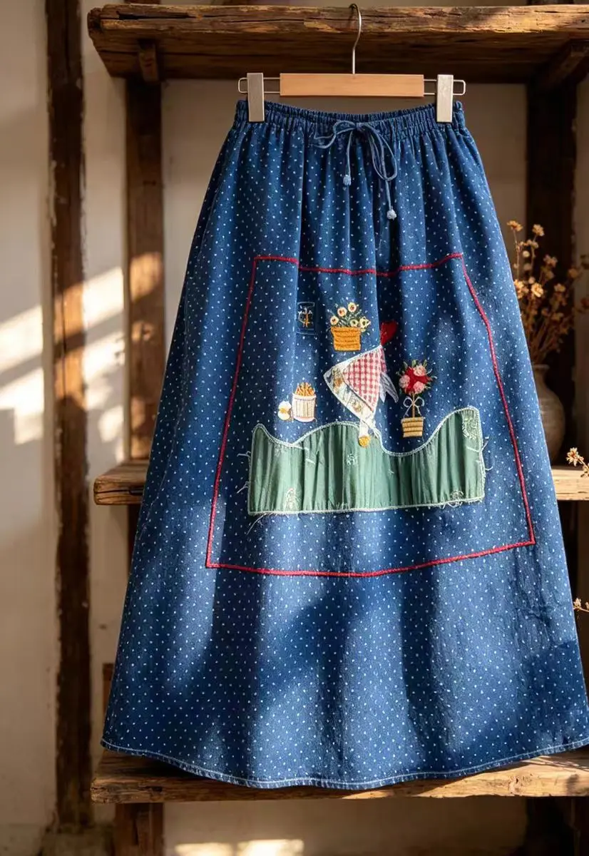 Denim Loose Patchwork Summer Elastic Waist Embroidery A line Casual Lady Skirt Female Fashion Women Skirt