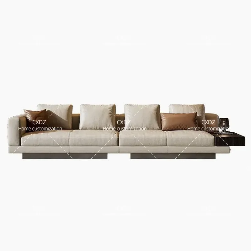 Modern Leather Sofa for Living Room Villa Straight Row Simple Light Luxury Design with Edge Foshan Furniture Factory Direct