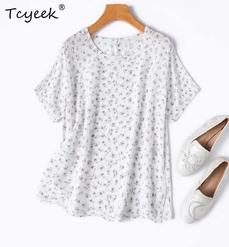 

Tcyeek Летняя футболка из 100% тутового шелка, прямая рубашка с короткими рукавами из двойного крепового жаккарда с цветочным принтом и круглым вырезом, новинка 2025 годаT55829JF