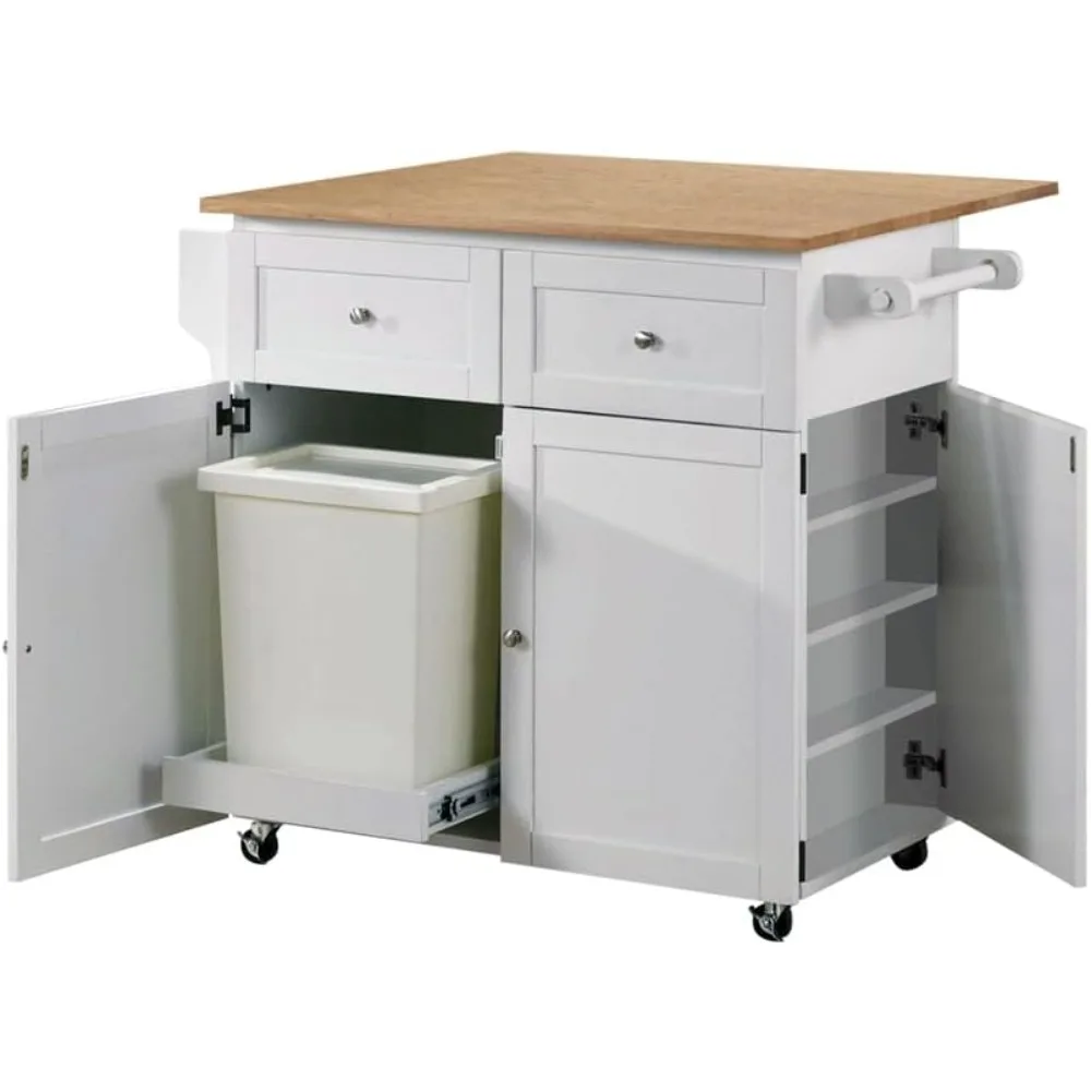 Furniture Kitchen Cart with Leaf Trash Compartment and Spice Rack Natural Brown and White