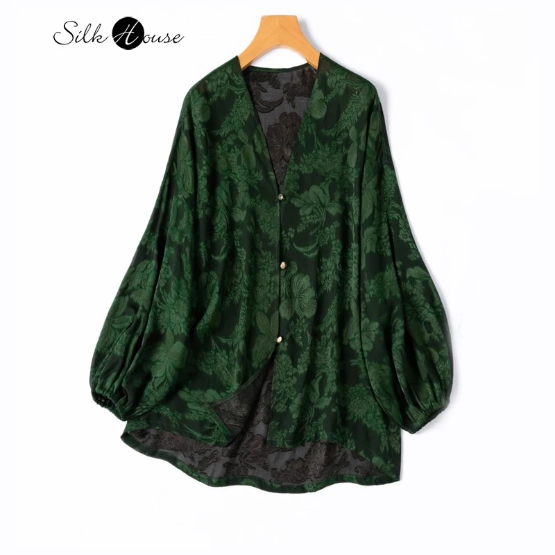 

Women's Slightly Transparent Natural Mulberry Silk Fragrant Cloud Yarn Green V-neck Lantern Long Sleeved Versatile Cardigan