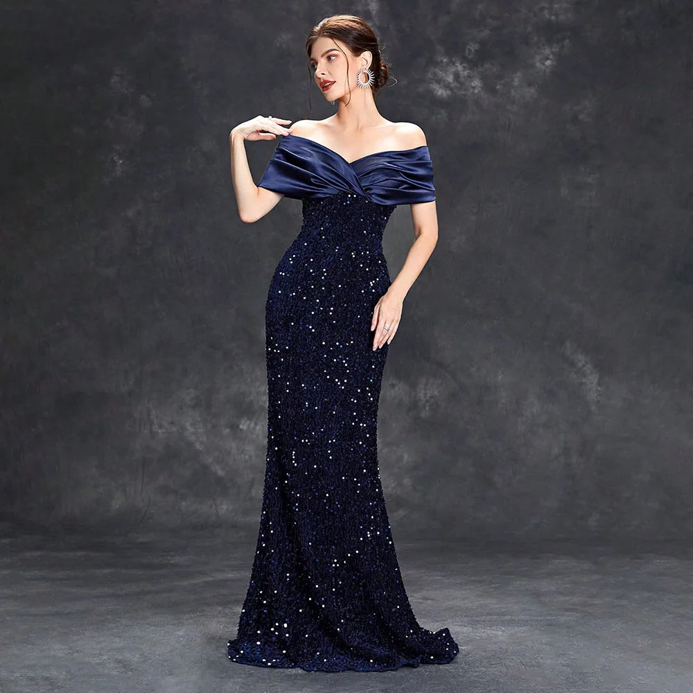 

Light Luxury Purple Sequins Evening Dress Women's Elegant Off The Shoulder Strapless Ruffles Collar Slim High Fork Vestido