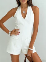 Women's Halter Neck Romper White V Neck Sleeveless Elegant Spring Summer Party Casual Vacation One Piece Playsuit - Image 4