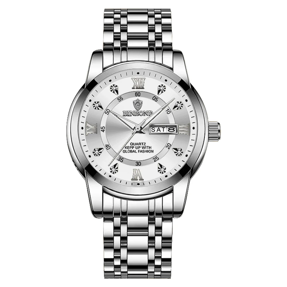 2024 New BINBOND Luxury Watch Fashion Waterproof Male Clock Luminous Date Stainless Steel Round Quartz Men Watch reloj hombre