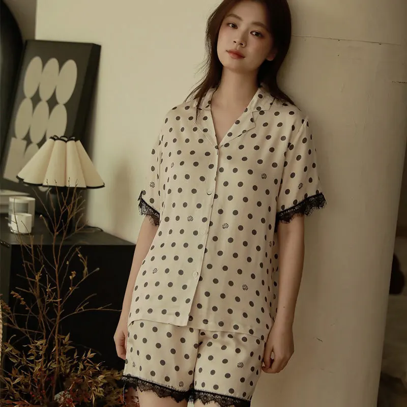

Women's Silky Viscose Satin Polka Dot Pajama Set, Soft & Breathable Short Sleeve Top & Lace Trim Shorts Loungewear