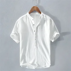 Linen shirt 100% summer Hawaiian shirt casual vacation men's shirt outdoor street casual V-neck short sleeved 10 color