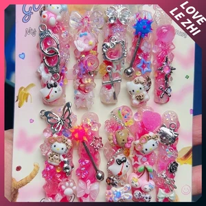 10 pièces Y2K Heavy Industry Sanrio Hello Kitty Faux Ongle Fait à la main Menottes 3D en métal Papillon Carré long XL Faux ongle complet 8 meilleures ventes de faux ongles Hello Kitty - No 5