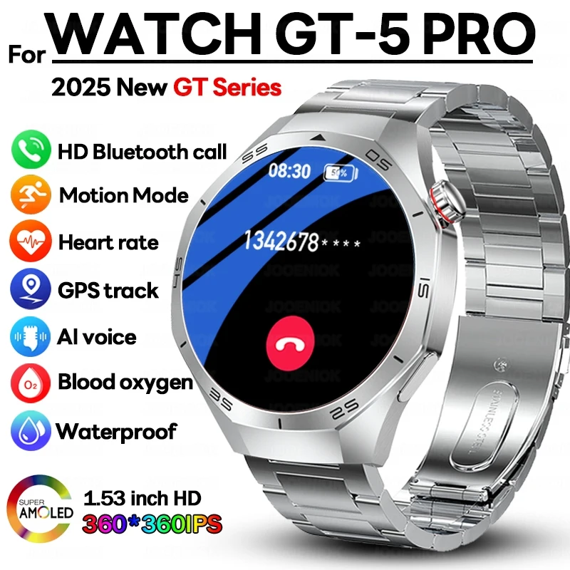 

2025 New GPS Sport Smart Watch Men 1.43 Inch HD AMOLED Screen Compass Bluetooth Call Heart Rate Waterproof Smart Watch GT5 PRO