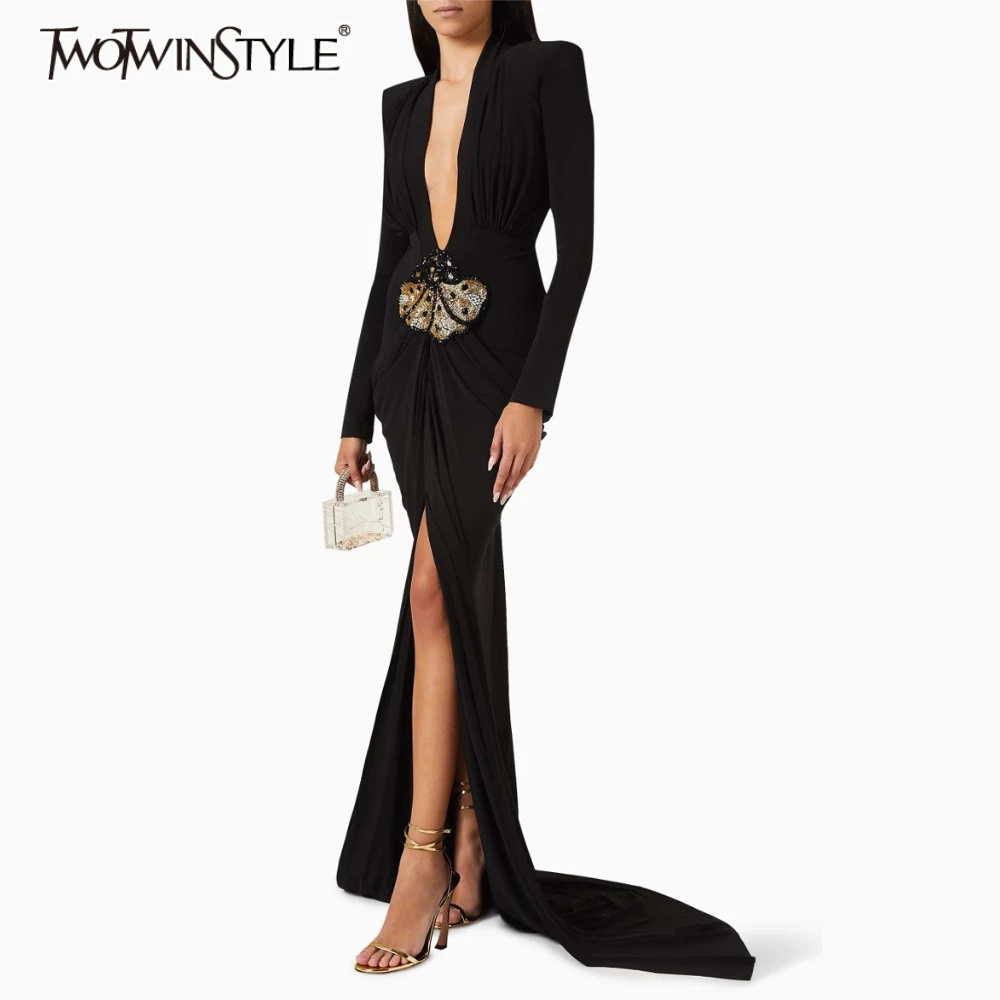 TWOTWINSTYLE Solid Slimming Temperament Split Dresses for Women V Neck Long Sleeves Patchwork Diamonds Midi Dress Female Clothes