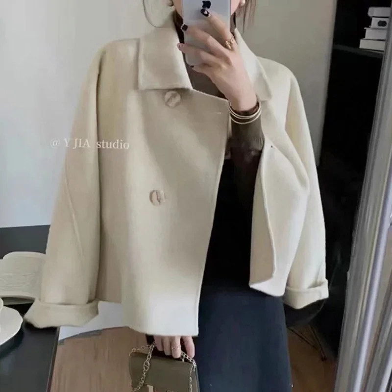 Solid Simple Single-breasted Spring Short Women Double-sided Wool Coat Versatile Casual Lapel Neck Long Sleeve Temperament Top