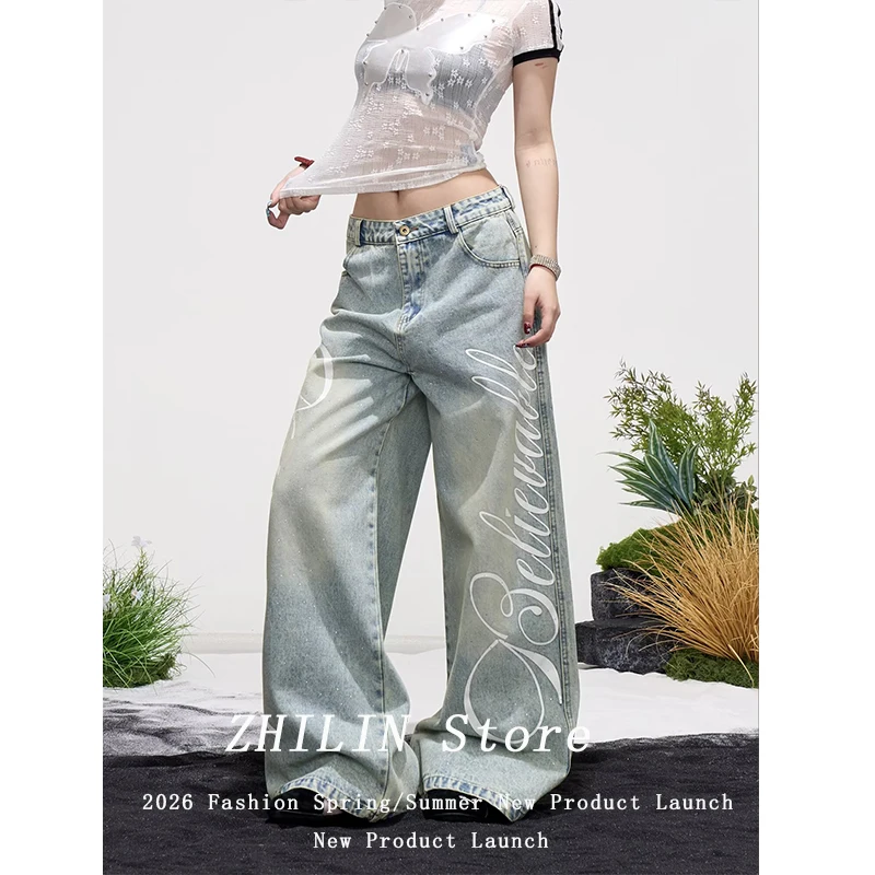 Women Vintage Blue Y2k Baggy Jeans Harajuku Letter Print Denim Trousers Streetwear Japanese 2000s Oversize Jeans Pants