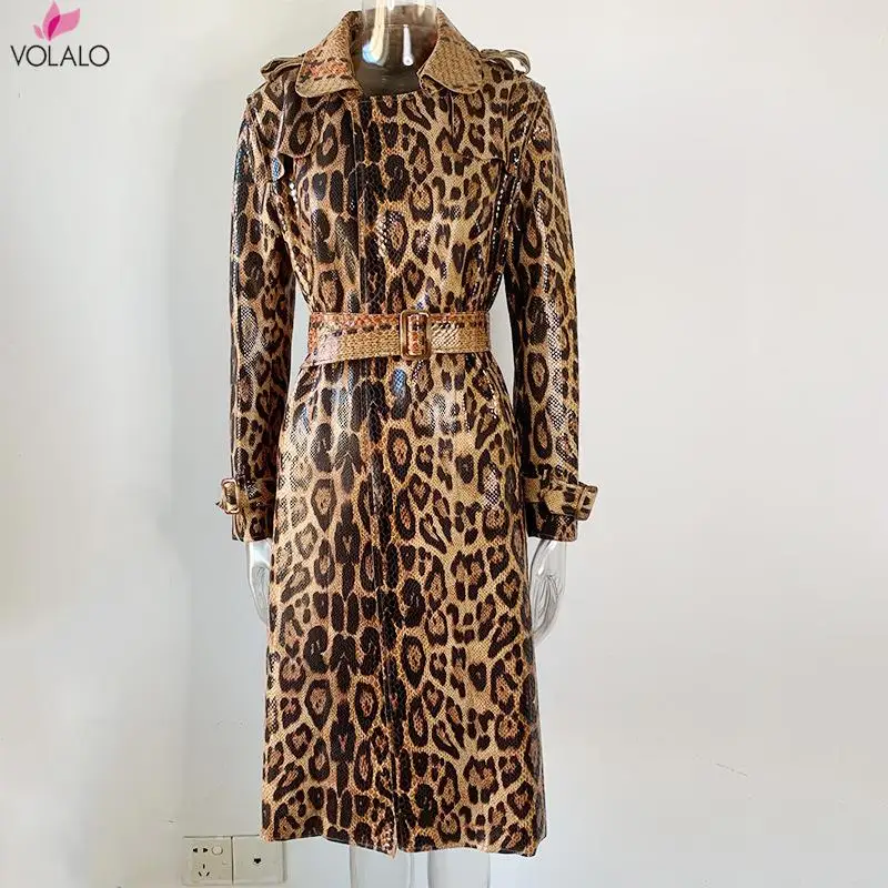 

VOLALO Autumn New Trench Coat For Women Long Sleeve Leopard Double-breasted Long Windbreaker Fashion Casual Slim Women Overcoat