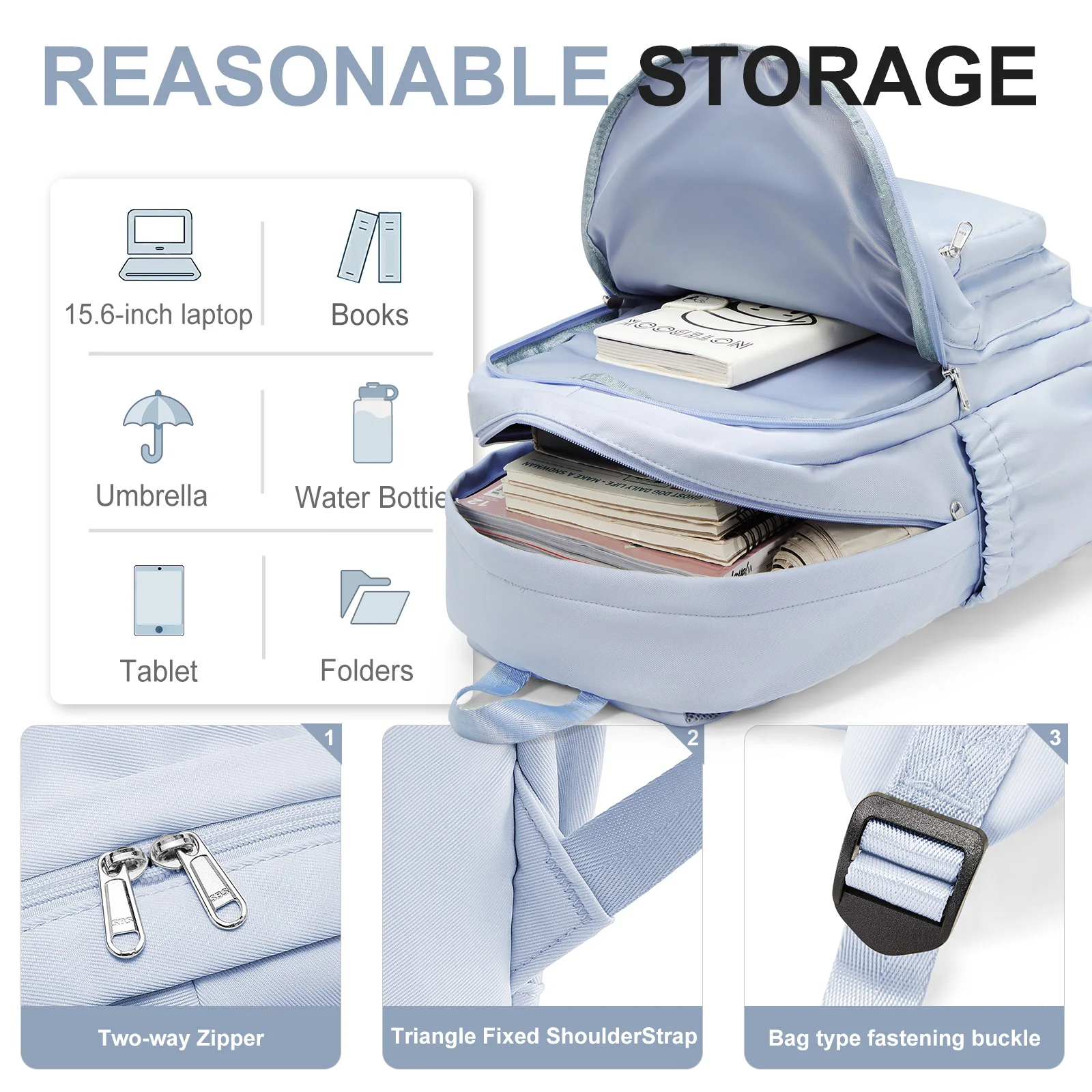 กระเป๋าเป้ไนลอนลําลอง, กระเป๋าเป้สําหรับผู้หญิง, ดีไซน์หลายช่องในสีฟ้าอ่อนทนทานสําหรับโรงเรียน, โรงเรียนมัธยมปลายและกระเป๋าหนังสือวิทยาลัย