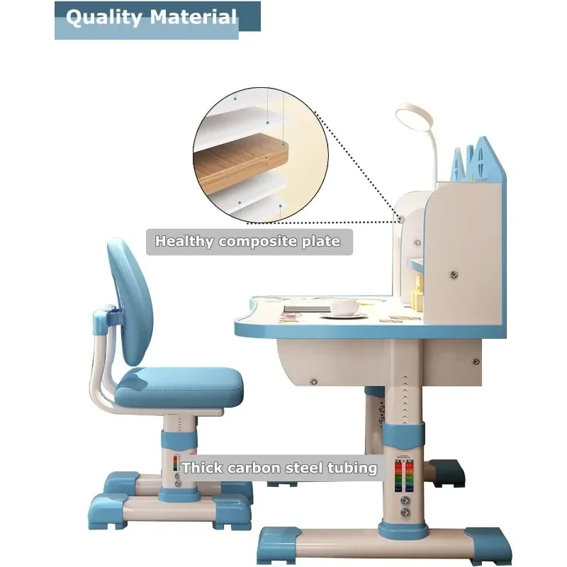 Escritorios para niños, silla, escritorio de estudio para niños, mesa de escritura, estación de trabajo para computadora con gran cajón de almacenamiento y estantería, altura