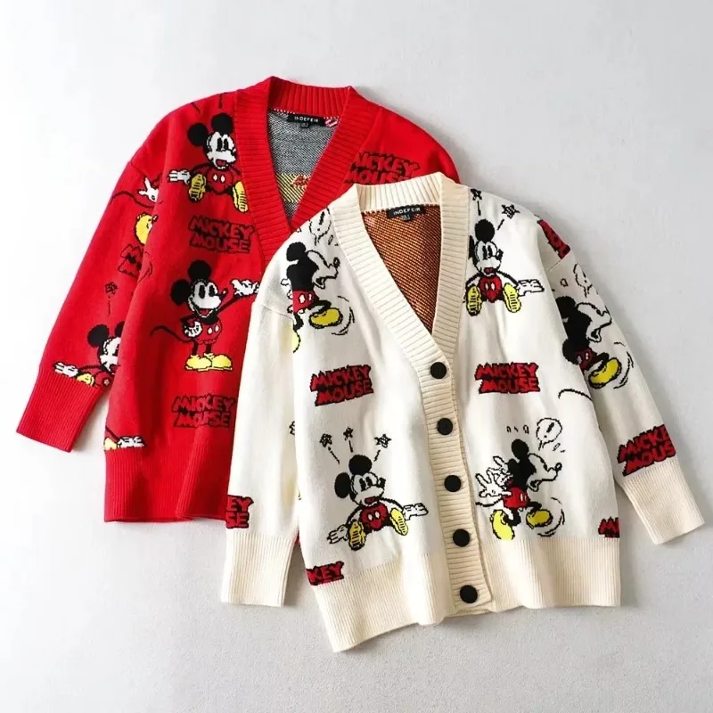 Cartoon Knitted Cardigan Korean Fashion Mickey Sweaters for Women Coat Female Autumn and Winter Loose Wild Thicken Kawaii Tops