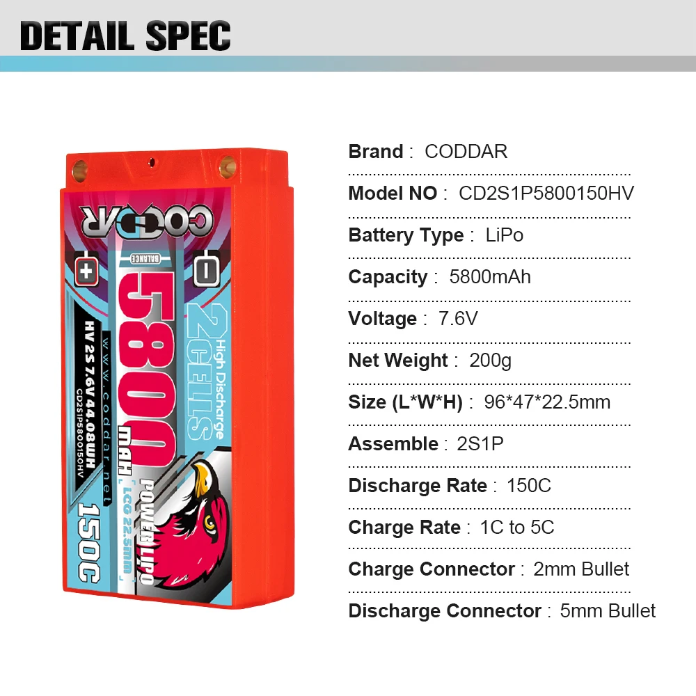 CODDAR 5800mAh 2S 150C 7.6V bateria Lipo dla drona Freestyle FPV Model samolotu puszczania samolotów kanałowy z wtyczką T/XT60 bateria do drona