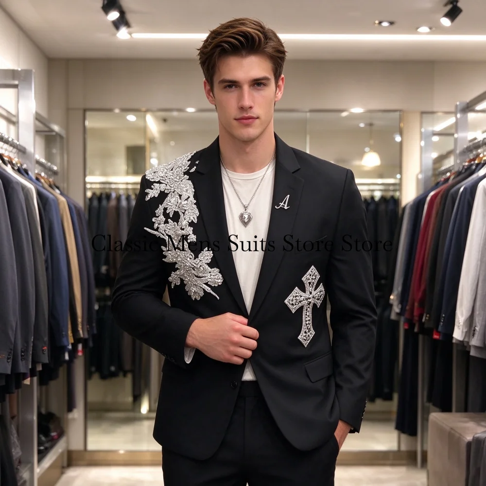 Elegant Diamond Men Suit Fashion Sequin Gem For Wedding Groom Male Prom Party Formal Blazer 2 Pieces Set Tuxedos Slim Customized