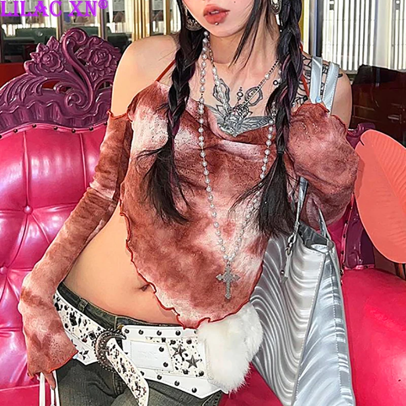 

Y2K Sexy Backless Off-Shoulder Halter T-Shirt Aesthetic Printed Long Sleeve Lace-up Crop Tops Women Summer Tees Hot Streetwear