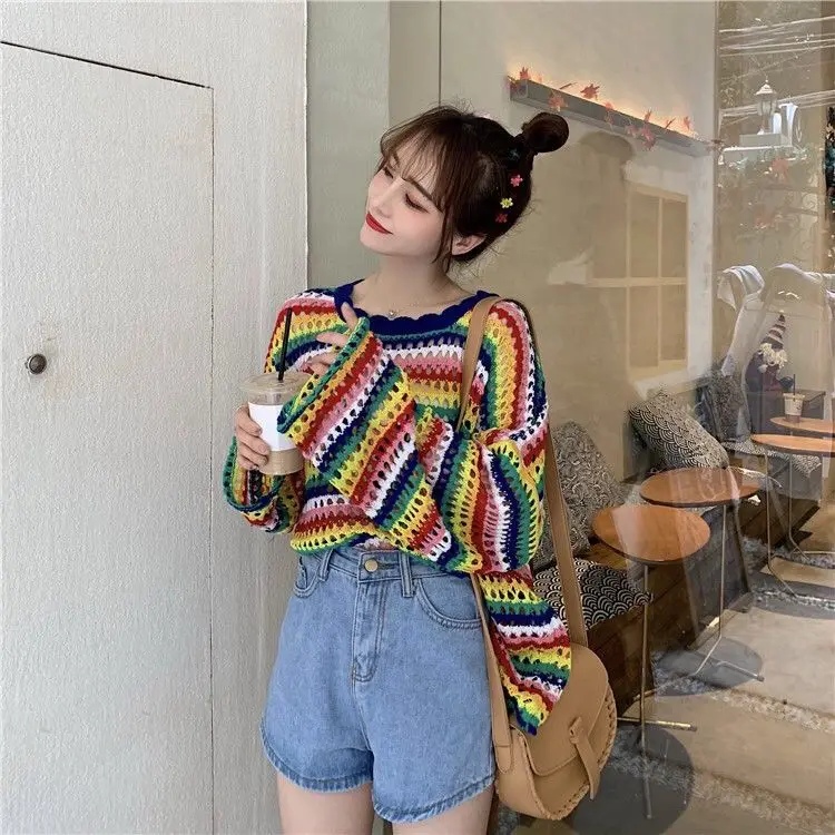 Summer Loose Thin Smock Top Rainbow Striped Sweater 2023 New Long Sleeve Sun Protection Clothes for Women