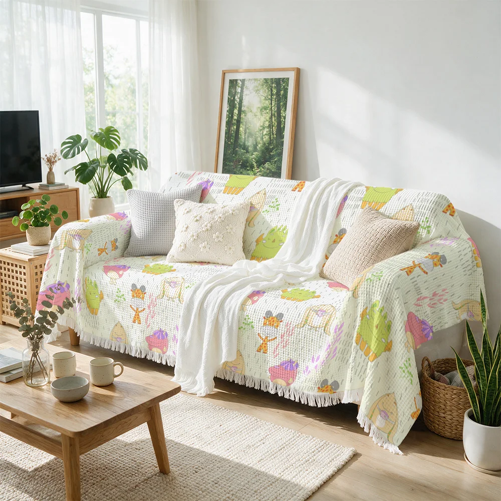 Cute Whimsical Embroidered Rainbow Patterned Throw Blanket for Sofa Living Room Decor Cozy Cottagecore Style Nursery Bedding Thr