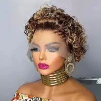 Peluca de corte Pixie Hightlght 4/27 Rubio miel ombré 13x1 pelucas de cabello humano Frontal de encaje pelucas de Bob corto brasileño cabello humano 100%