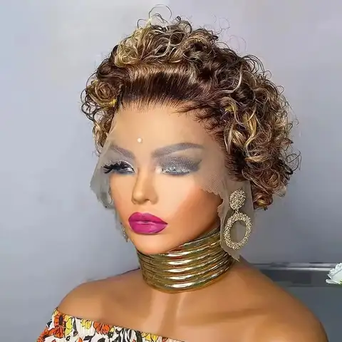 Peluca de corte Pixie Hightlght 4/27 Rubio miel ombré 13x1 pelucas de cabello humano Frontal de encaje pelucas de Bob corto brasileño cabello humano 100%
